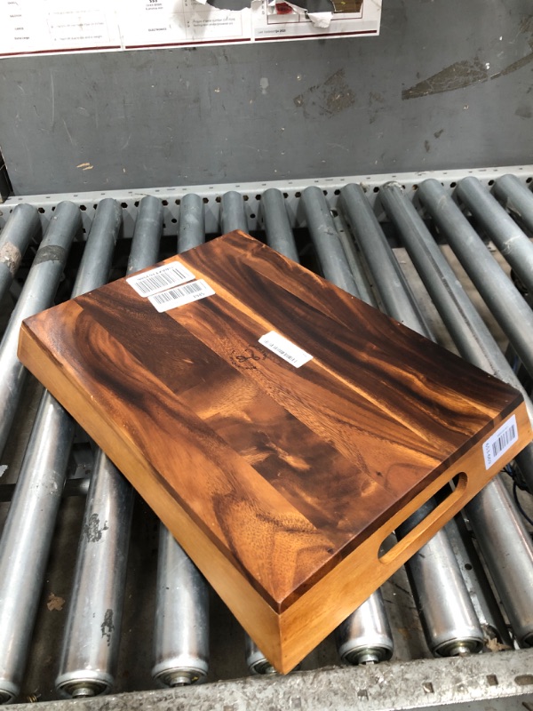 Photo 1 of 15 Inch Acacia Wood Serving Tray with Handles - Wooden Tray for Ottoman, Breakfast in Bed, Dinner, Coffee Table - Decorative Rectangular Tray for Living Room Bedroom Entryway and Kitchen