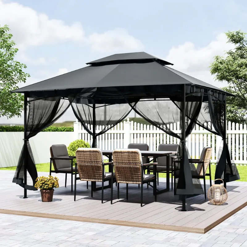 Photo 1 of ***IMAGE FOR REFERENCE***10 ft. x 12 ft. Gray Double Roof Soft Top Metal Patio Gazebo with Netting - 10 x 12 - Grey