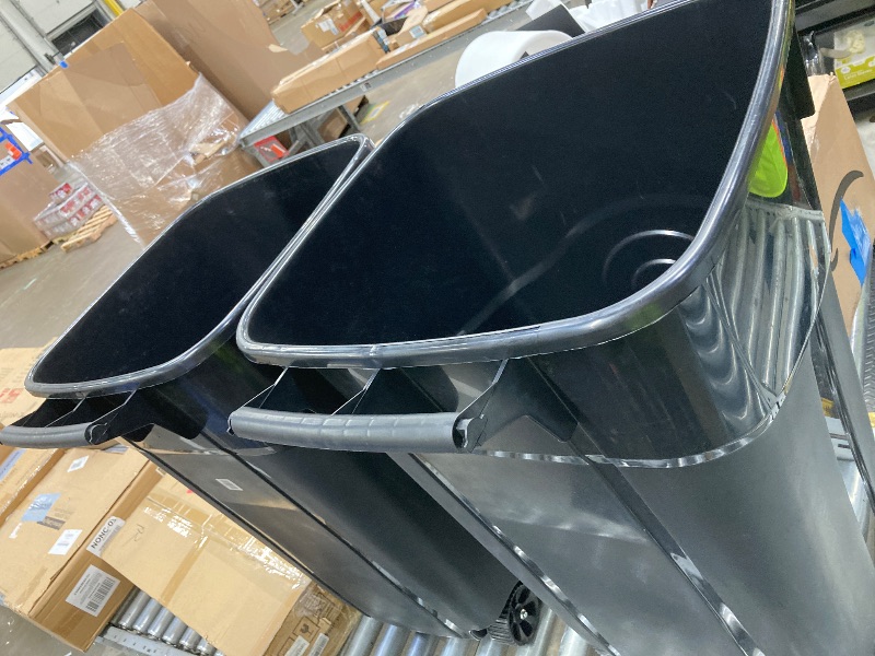 Photo 1 of ***NO LID FOR EITHER TRASH CANS***United Solutions 32 Gallon Wheeled Outdoor Garbage Can with Attached Snap Lock Lid and Heavy-Duty Handles, Black, Heavy-Duty Construction, Perfect Backyard, Deck, or Garage Trash Can, 2 Pack
