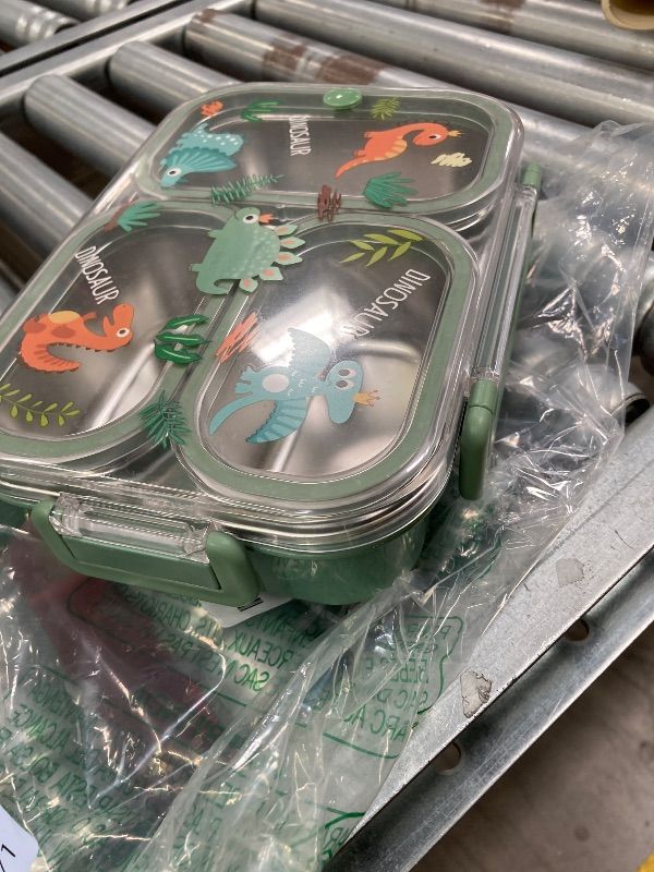 Photo 1 of ***MISSING A HANDLE ON 1 SIDE***WORTHBUY Microwavable 304 Stainless Steel Bento Box With Utensils, Metal Lunch Container With 3 Compartments, Leak Proof Lunch Box, Portable Concealed Handle, BPA Free, Dishwasher Safe [Dinosaur]***MISSING A HANDLE ON 1 SID