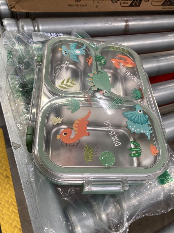 Photo 1 of ***MISSING A HANDLE ON 1 SIDE***WORTHBUY Microwavable 304 Stainless Steel Bento Box With Utensils, Metal Lunch Container With 3 Compartments, Leak Proof Lunch Box, Portable Concealed Handle, BPA Free, Dishwasher Safe [Dinosaur]***MISSING A HANDLE ON 1 SID