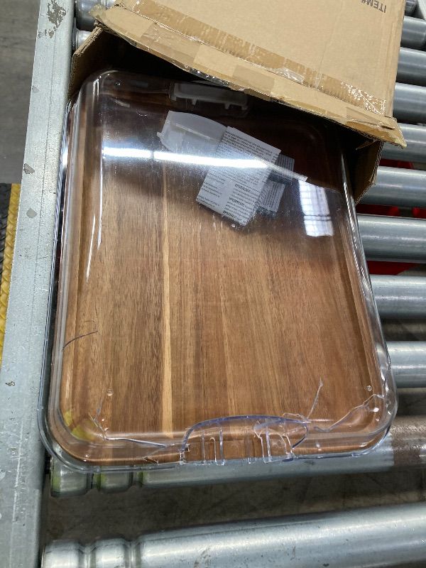 Photo 1 of ***CRACKED & POSSIBLY BROKEN HANDLE***FARBERWARE Build-A-Board Acacia Cutting Board with Built-in Storage Compartments, Clear Locking Lid & White Handles, Great for Charcuterie & Snacks***CRACKED & POSSIBLY BROKEN HANDLE***