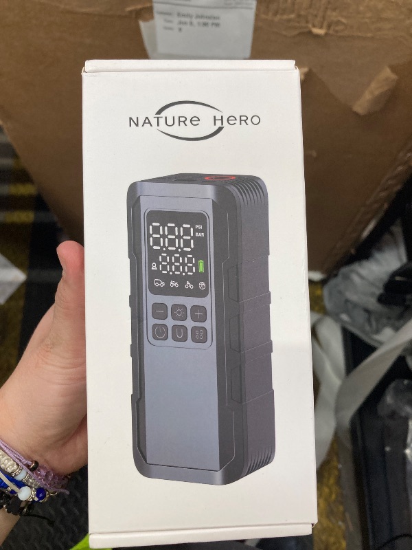Photo 1 of ***MISSING PIECES SELLING AS IS **Nature Hero Tire Inflator Portable Air Compressor - 7500mAh Air Pump for Car Tires, 150PSI Cordless Tire Pump with Pressure Gauge & LED Lights - 3X Faster for Car, Motorcycle, Balls and Bicycle, Black
