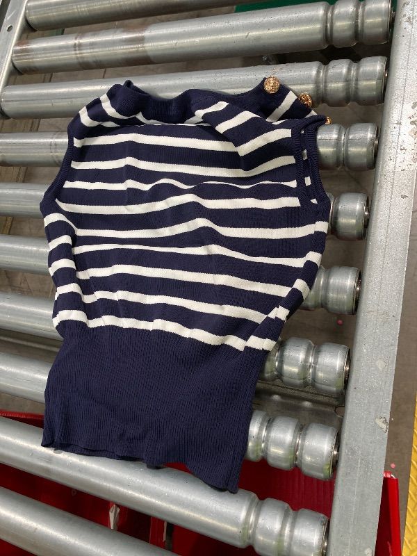 Photo 1 of ***DECORATIVE BUTTONS ARE LOOSE***BEAUDRM Women's Striped Sweater Vest Knitted Work Tank Top Boat Neck Cap Sleeve Business Trendy Shirts Blue and White Small***DECORATIVE BUTTONS ARE LOOSE***