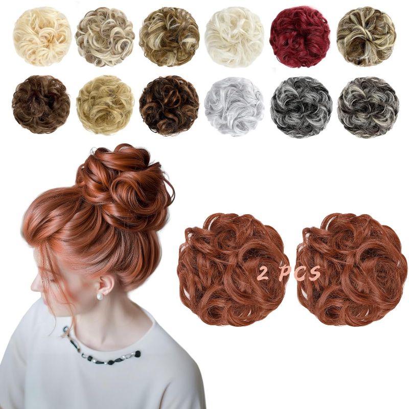 Photo 1 of ** FELENDY 2PCS Messy Bun Hair Piece Large Wavy Curly Elastic Hair Bun Scrunchies Fluffy Thick Donut Chignon Hairpieces Updo Extensions Light Brown mix Light Auburn
