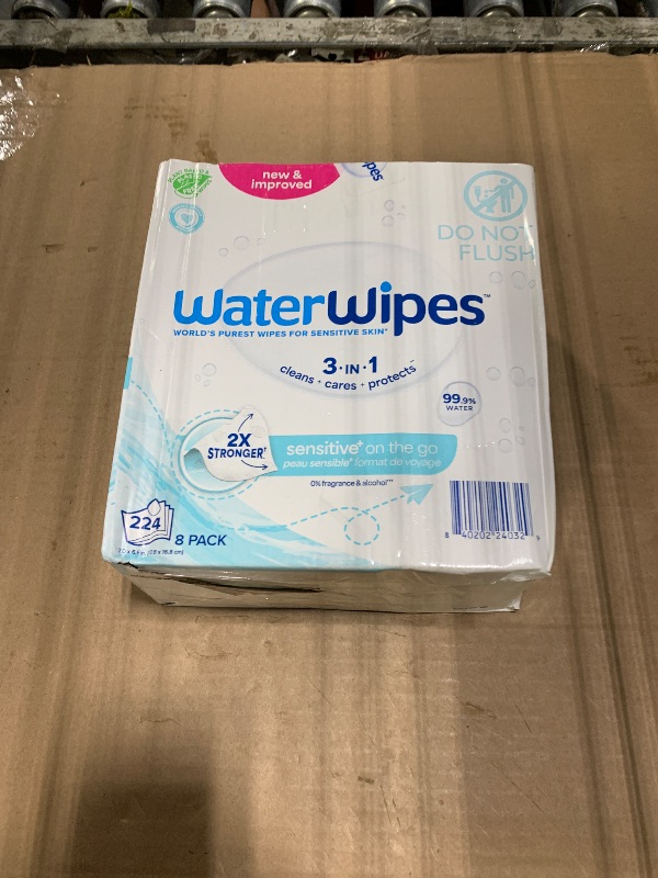 Photo 1 of *** 7 PACKS *** WaterWipes Sensitive+ On The Go Wipes, 3-In-1 Cleans, Cares, Protects, 99.9% Water, Unscented & Hypoallergenic Wet Wipes, 224 Count (8 Packs)