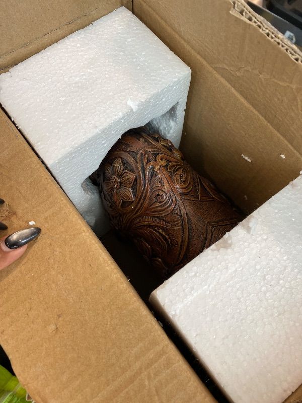 Photo 1 of ***DAMAGE IN PICTURE*** Brown Bison Resin Figurine – Rustic Tooled American Buffalo Statue with Intricate Floral Carving Design–Decorative Western Desk & Shelf Decor for Home, Office–Unique Wildlife & Nature Enthusiasts Gift