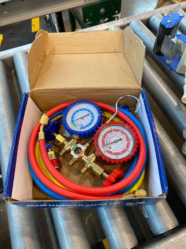 Photo 1 of [UNTESTED] WODHMIEY PBS 3-Way AC Manifold Gauges Set,AC Meter Set for R22 R134A R410 Refrigerants,Quick Couplers, 410A Adapter, Puncturing Can Tap,Valve Core Tool for AC (536B and