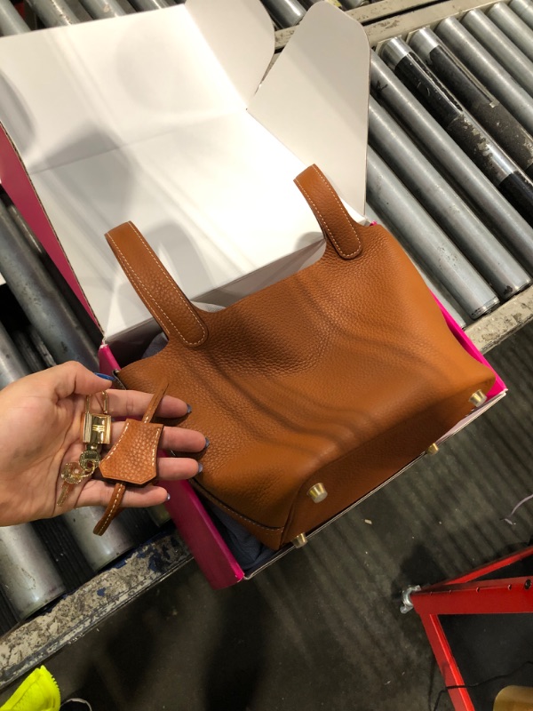 Photo 1 of ****SCARF NOT INCLUDED***
Lafillmiss Genuine Leather Bucket Bag with a Scarf for Women Handbag tote bag with metal clasp, market tote bag (Brown-gold)