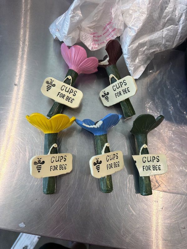 View 3 of [All Flowers are chipped on the petals] Bee Watering Cups 5-Pack, Ceramic Flower Bee Feeder Station for Garden, Cute Pollinator Water Bowl with Sign, Outdoor Yard Patio Decor Gift for Nature Lovers (Colorful Set)