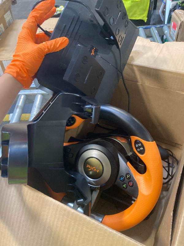 Photo 1 of ** USED** PXN PC Racing Wheel, V3 PRO 180 Degree Universal Usb Car Sim Race Steering Wheel with Pedals for PC, PS3, PS4, Xbox One, Xbox Series X/S, Switch (Orange)