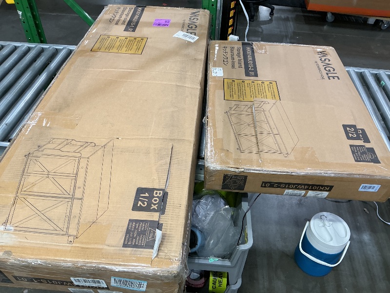 Photo 1 of [DAMAGED PARTS] VASAGLE Mobile Kitchen Island with Trash Can Storage, Drop Leaf, Portable Island with Spice Rack, Mobile Cart with Storage Cabinet, for Dining Room, Rustic White and Honey Brown UKKI014WJ01S