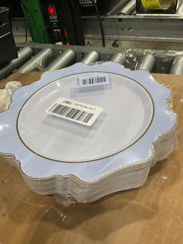 Photo 1 of " OCCASIONS " 50 Plates Pack (25 Guests)-Heavyweight Wedding Party Disposable Plastic Plate Set -(25x10.5'' Dinner + 25x8'' Salad/dessert (Imperial in White/Blue & Gold)