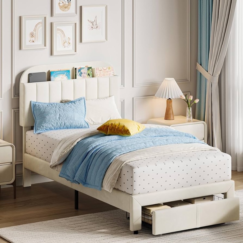 Photo 1 of ***STOCK PHOTO FOR REFERENCE ONLY***GarveeHome Twin Bed Frame with Drawer, Velvet Upholstered Platform Bed Frame with Storage Headboard, No Box Spring Needed, Easy Assembly, Noise-Free, Beige