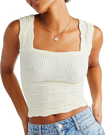 Photo 1 of ***STOCK PHOTO FOR REFERENCE ONLY***
WHITE Women's Square Neck Wide Strap Crop Tank Tops Flower Spring Summer Going Out Tops Slim Fit Lettuce Trim Crop Cami Tops  white, XS/S