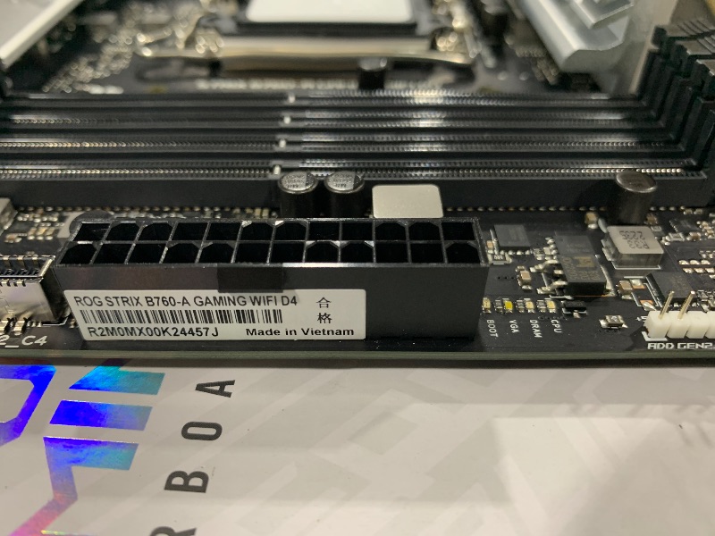 Photo 1 of ASUS ROG Strix B760-A Gaming WiFi D4 Intel B760 (13th and 12th Gen) LGA1700 white ATXmotherboard, 12+1 power stages, DDR4, PCIe 5.0, three M.2slots, WiFi 6E, USB 3.2 Gen 2x2 Type-C®, and Aura Sync RGB