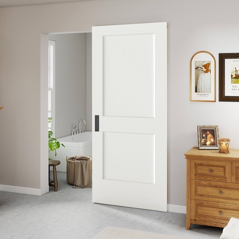 Photo 1 of BarnSmith 36"x84" Concealed Sliding Barn Door, 2 Panel White Primed Hidden Barn Door with Soft Close Installation Hardware and Double Sided Pulls Included, Pre-Assembled Panel