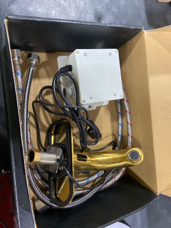Photo 1 of Brushed Gold Touchless Bathroom Sink Faucet - Battery Operated Automatic Motion Sensor Hands Free Faucet with Hot and Cold Mixing Valve