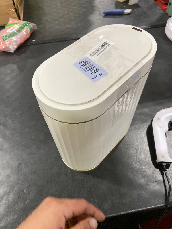 Photo 1 of ELPHECO Bathroom Trash Can with Lid 2 Gallon Sensor Garbage Can, Automatic Trash Bin, Motion Sensor Trash Can, IPX5 Waterproof Plastic Wastebasket for Bathroom, Bedroom, Kitchen, Office, White Gold