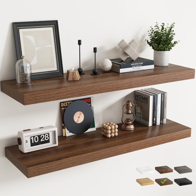 Photo 1 of 48 Inch Long Floating Shelves for Wall 2 Pack, 12"D Wood Grain Bathroom Shelves with Invisible Brackets, Easy Install Engineered Wood Storage Shelves for Kitchen, Living Room, Bedroom, Rustic Brown
