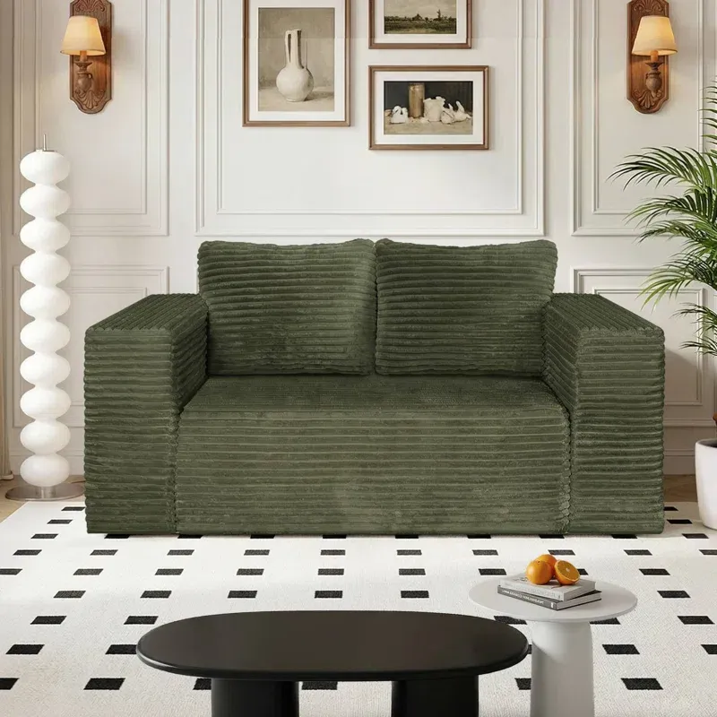 Photo 1 of 63" Wide Corduroy Boneless Loveseat with 2 Pillows, Modern High-Density Foam Floor Sofa in Green