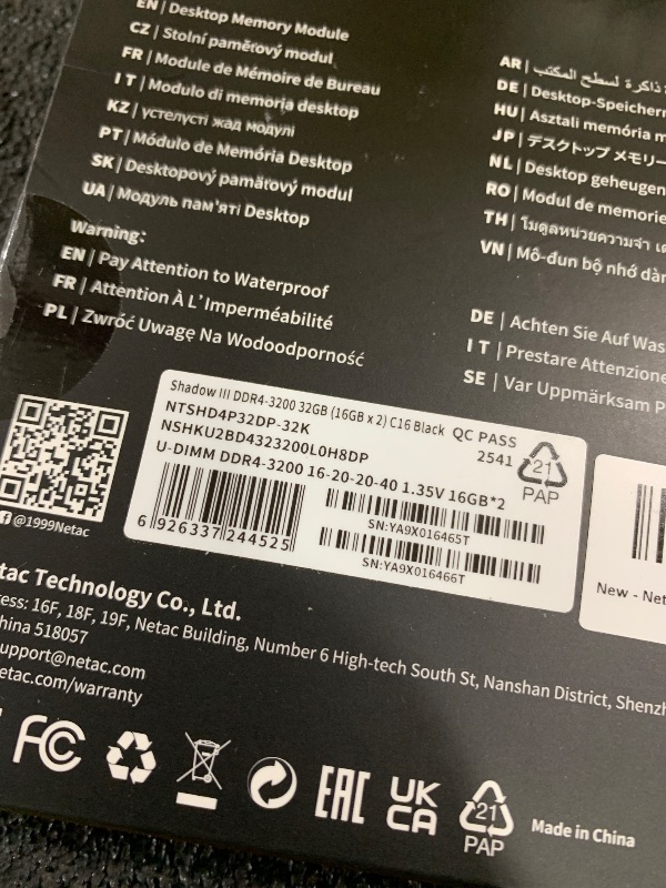 Photo 1 of Netac DDR4 DRAM 32GB Kit (2x16GB) 3200MHz XMP 2.0 Dual Channel RAM CL16 (PC4-25600) 1.35V 288-Pin Upgraded Aluminum Heat Sink Ideal for Gaming Computer Upgrade - Shadow III Series Black