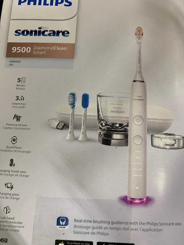 Photo 1 of Philips Sonicare DiamondClean Smart 9500 Electric Toothbrush - Sonic Toothbrush with App, Pressure Sensor, 15 Brushing Settings, Replacement Reminder, USB Charging Travel Case, White, Model HX9923/01