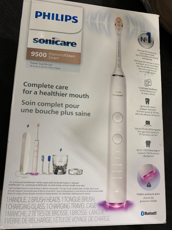 Photo 1 of Philips Sonicare DiamondClean Smart 9500 Electric Toothbrush - Sonic Toothbrush with App, Pressure Sensor, 15 Brushing Settings, Replacement Reminder, USB Charging Travel Case, White, Model HX9923/01