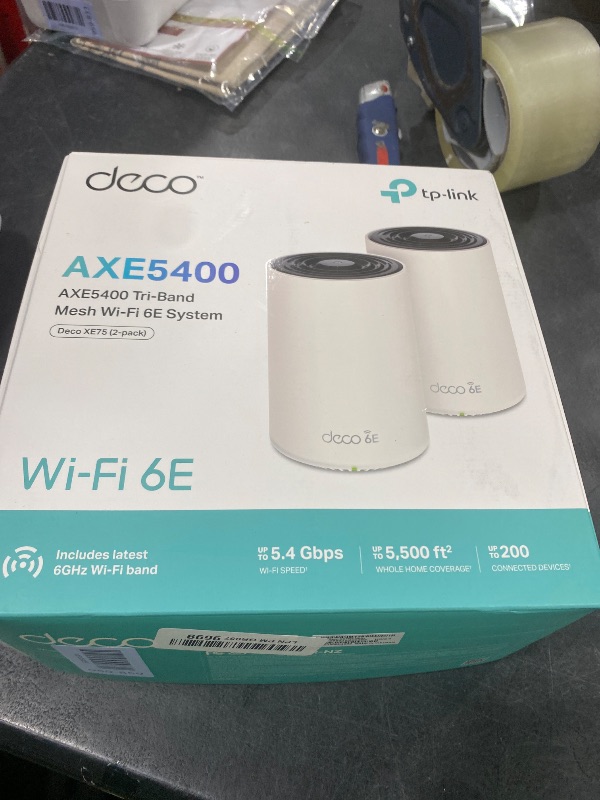 Photo 1 of TP-Link Deco XE75 AXE5400 Tri-Band WiFi 6E Mesh System - Covers up to 5500 Sq.Ft, Replaces WiFi Router and Extender, AI-Driven Mesh, 6GHz Band, 2-Pack