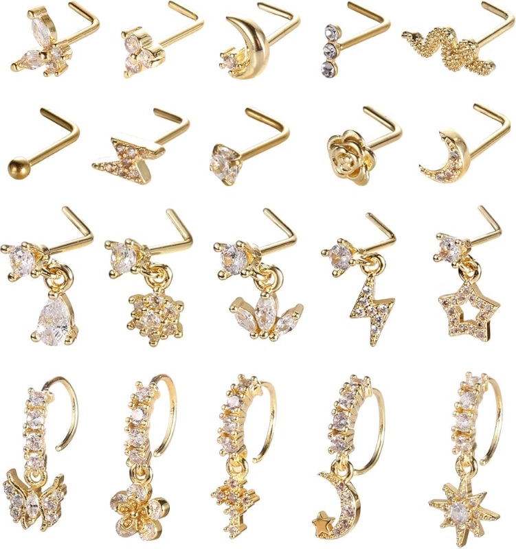 Photo 1 of ***STOCK PHOTO FOR REFERENCE ONLY***SAMOCO 20Pcs 20G Dangle Nose Ring L Shaped Dangling Nose Stud for Women Stainless Steel Nose Ring Studs CZ Flower Dangle Nose Rings Hoops Nose Piercing
