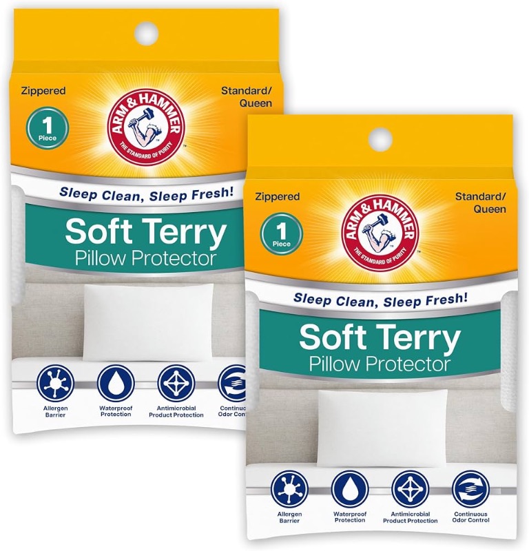 Photo 1 of ***MISSING 1***Arm & Hammer Soft Terry Body Pillow Protector, Waterproof, Zipper Closure, White, Standard/Queen, 2-Pack