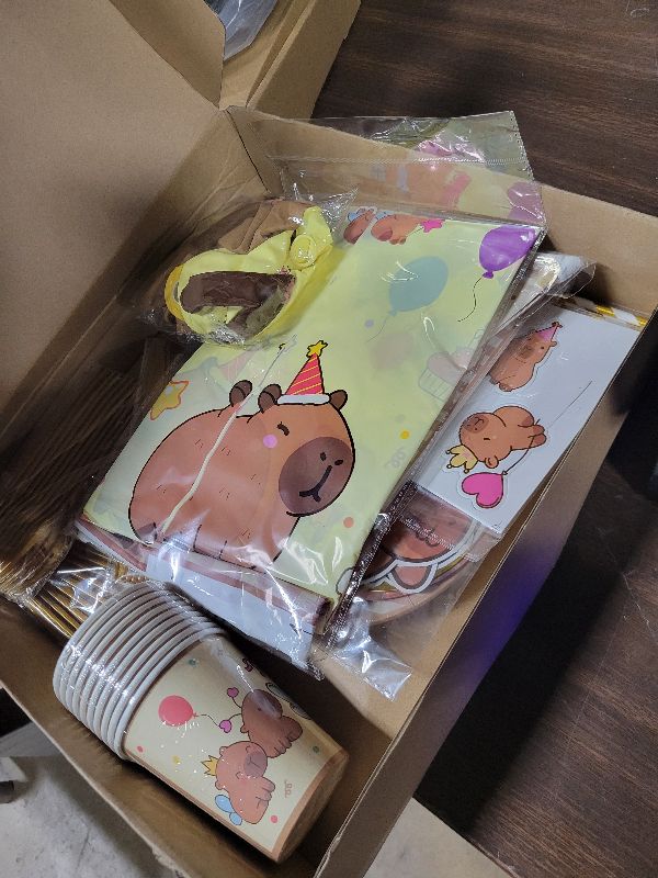 View 2 of 120 PCS Capybara Birthday Party Supplies for 10 Guests, Cute Animal Theme Decorations and Tableware Set with Banner, Balloons, Plates, Cups, Napkins, Cutlery, Tablecloth, and Toppers