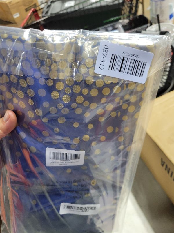 Photo 1 of 2 Pcs Navy Blue and Gold Plastic Tablecloth for Rectangle Table, 54 × 108 inches Disposable Gold Dot Dark Blue Party Table Covers for Anniversary, Wedding, Fine Dining, Graduation Party Decoration
