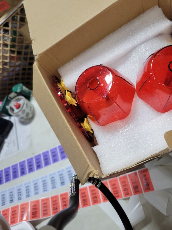 Photo 1 of 2 Pack Glass Hummingbird feeders for Outdoors 14Ounces?5 Feeding Ports Hummingbird Feeder,Wide Mouth for Easy Filling/Cleaning?Hanging for Garden Backyard Decor, Includes Ant Moat (Red?2Pack)