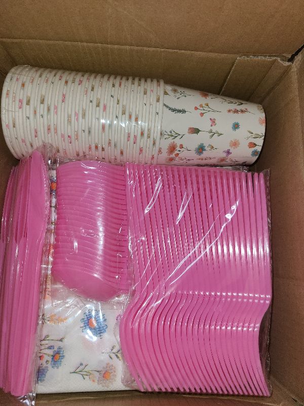 Photo 1 of 168Pcs Wildflower Party Supplies for 24 Guests Spring Floral Baby Shower Birthday Decorations Disposable Paper Plates and Napkins Knives Spoons Forks Cups for Baby Bridal Shower Birthday Party