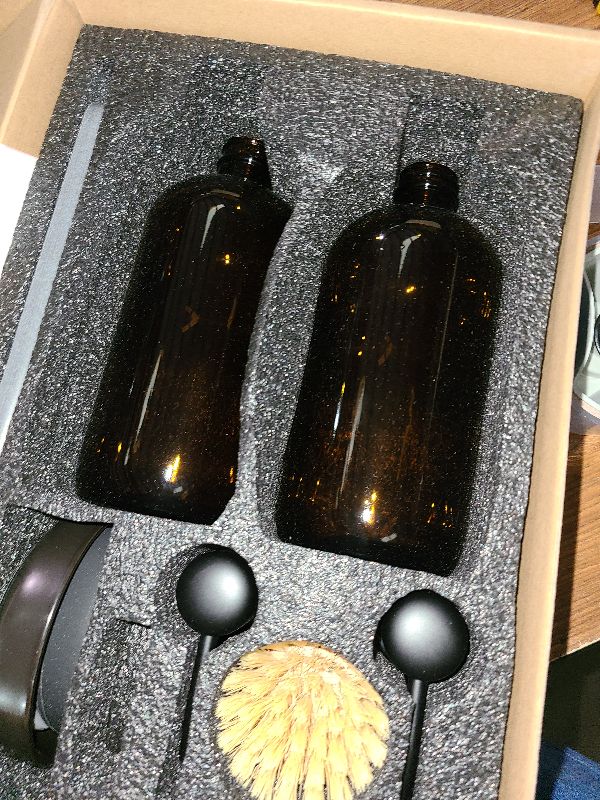 Photo 1 of [Luxury] Kitchen Soap Dispenser Set - 16OZ Amber Glass Bottle, Stainless Steel Pump, Instant Dry Tray, Waterproof Labels, Non-Slip Silicone Pad, and Dish Brush | Upgrade for Your Kitchen and Bathroom