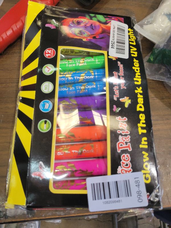 Photo 1 of 12 PCS Glow Face Body Paint, Glow In The Dark Under UV Black Light Sticks Makeup Neon Face Painting Kits for Adult Halloween Festival Accessory Glow Party Supplies