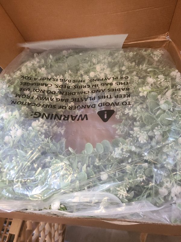 Photo 1 of 26'' Large Eucalyptus Wreath for Front Door, Porch- Artificial Eucalyptus and Lavender with Babys Breath Flowers Wreath for Home, Farmhouse Wall Decor- Spring, Summer, Fall, All Seasons (White-Green)