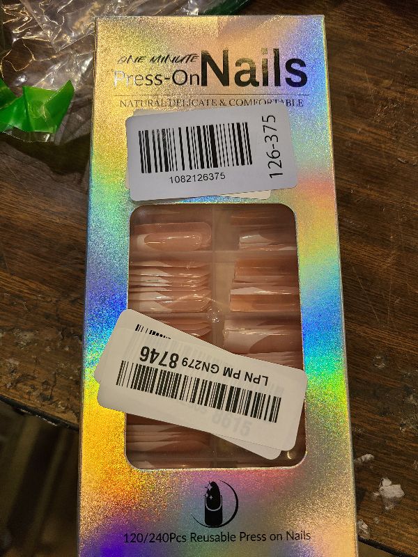 Photo 1 of 120 pcs French Tips Press on Nails Long Square Fake Nails White Tips False Nails Full Cover Acrylic Glue on Nails Coffin Nail Press ons with Adhesive Tabs for Women Manicure 12 Size