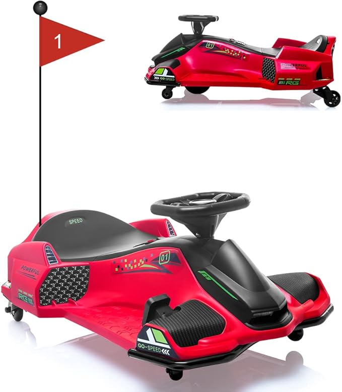 Photo 1 of 12V Ride on Drift Car,Kids Electric Drifting Go-Kart High/Low Variable Speed with 5 Wheels,Built-in Music,Front+Tail LED Light,Low-Power Alarm(Red)