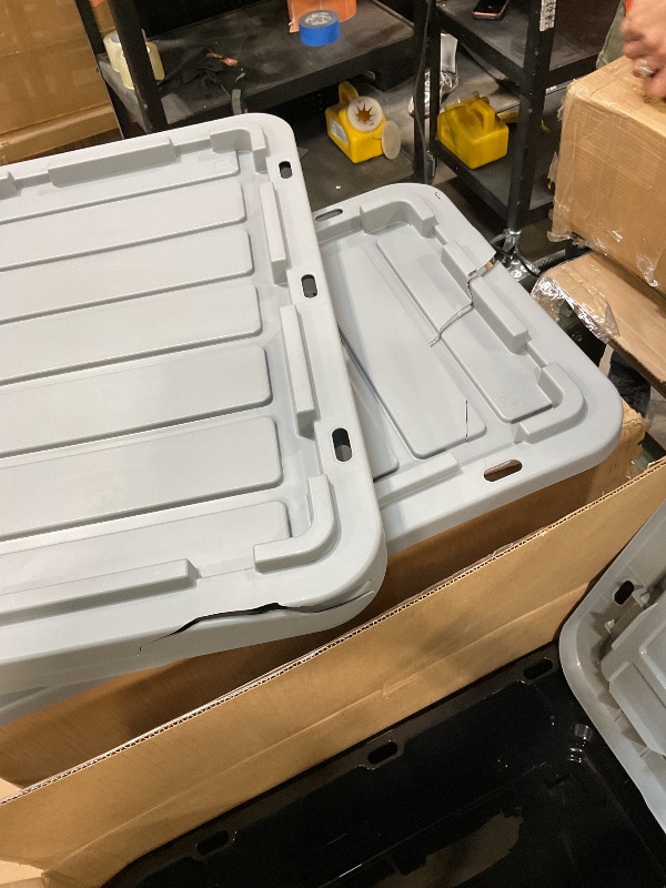 View 3 of **TWO LIDS CRACKED**IRIS USA 4-Pack 27 Gallon Storage Bins with Lids |Made in USA| Heavy Duty Plastic Tote Containers for Truckbed Tool Box Organization, Large - Gray