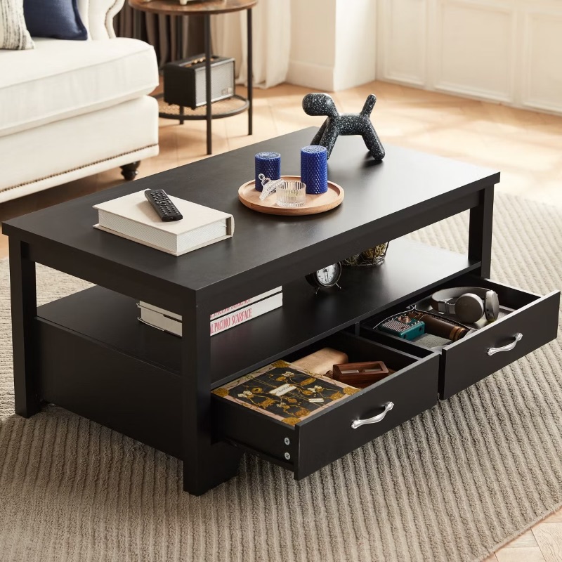 Photo 1 of ** SELLING FOR PARTS. MAJOR DAMAGE TO ONE BIG PIECE. ** Farmhouse Coffee Table, Rectangle Coffee Table with Drawers, Rustic Wooden Coffee Tables with Storage, Center Table for Living Room Black