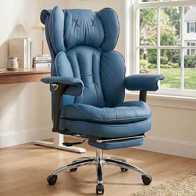 View 1 of ** DIRT FROM TRANSPORT**Efomao Big & Tall Executive Office Chair with Footrest - 400lbs Heavy Duty High Back PU Leather Desk Chair, Modern Ergonomic Reclining Computer Chair, Blue
