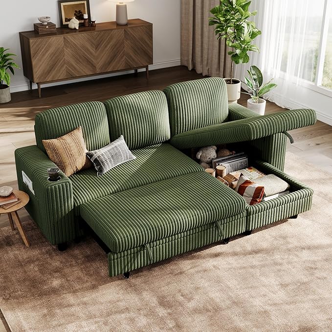 Photo 1 of ** THREE BOXES **LINSY HOME Sectional Sleeper Sofa Pull Out Couches for Living Room (Green, Sleeper Sofa 1) | Pull Out Sofa Bed, Storage, USB Charging, Cup Holders, Plush Corduroy | Pull Out Sofa Bed, Storage, USB Charging, Cup Holders, Plush Corduroy, Co