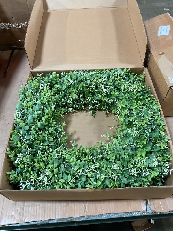 Photo 1 of 32'' Eucalyptus Wreath for Front Door - Large Artificial Eucalyptus Leaves with White Seeds Greenery Outdoor Wreath for Porch,Window,Farmhouse,Home,Hanging Decor- Spring, Summer, All Seasons (Green) ?