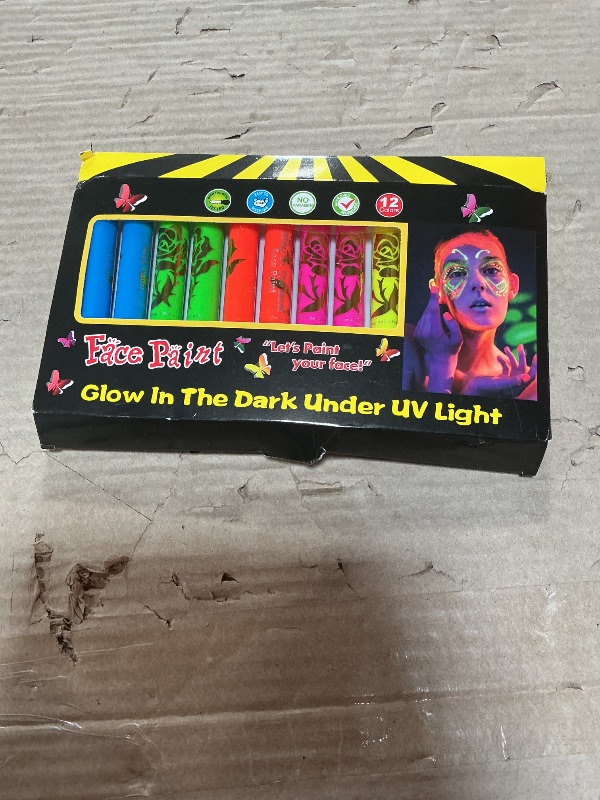 Photo 1 of 12 PCS Glow Face Body Paint, Glow In The Dark Under UV Black Light Sticks Makeup Neon Face Painting Kits for Adult Halloween Festival Accessory Glow Party Supplies