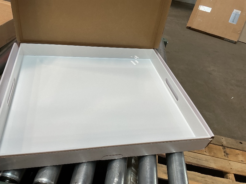 Photo 1 of ***MAJOR CRACK***White Rectangular 18x20 Inches Acrylic Ottoman Tray Decorative Serving Tray with Cutout Handles Organizer Tray on Coffee Table Countertop Big Breakfast Bed Tray Living Room Appetizer Serving Food