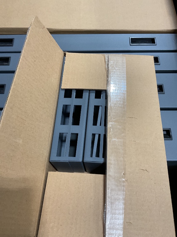 Photo 1 of ** SCRATCHES/DIRT**Durham 3501584RDR-5295 Lockable Cabinet with 58 Blue Hook-On Bins, 1 Adjustable Shelf, Flush Door Style, 1 Fixed Shelf, 4 Drawers, 12 Door Shelves, 36" Wide, 14 Gauge, Gray
