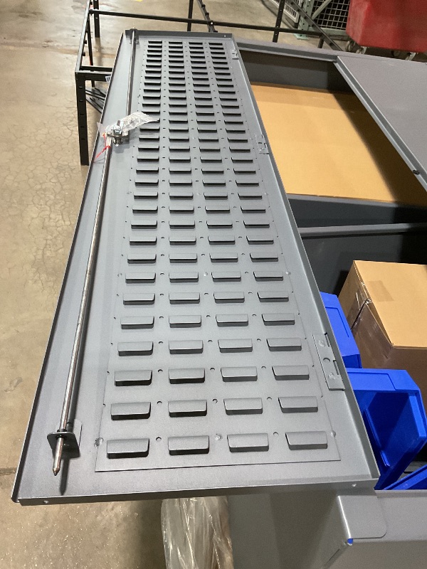 Photo 1 of ** SCRATCHES/DIRT**Durham 3501584RDR-5295 Lockable Cabinet with 58 Blue Hook-On Bins, 1 Adjustable Shelf, Flush Door Style, 1 Fixed Shelf, 4 Drawers, 12 Door Shelves, 36" Wide, 14 Gauge, Gray