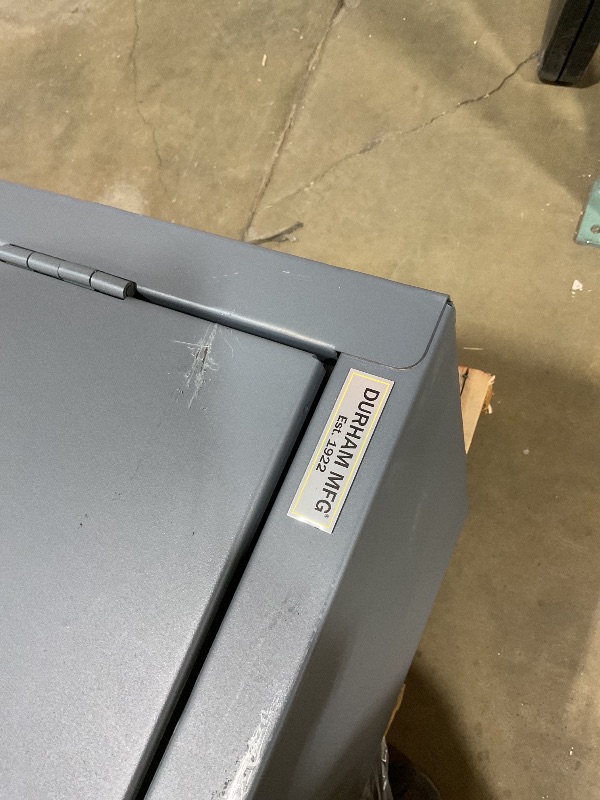 Photo 1 of ** SCRATCHES/DIRT**Durham 3501584RDR-5295 Lockable Cabinet with 58 Blue Hook-On Bins, 1 Adjustable Shelf, Flush Door Style, 1 Fixed Shelf, 4 Drawers, 12 Door Shelves, 36" Wide, 14 Gauge, Gray